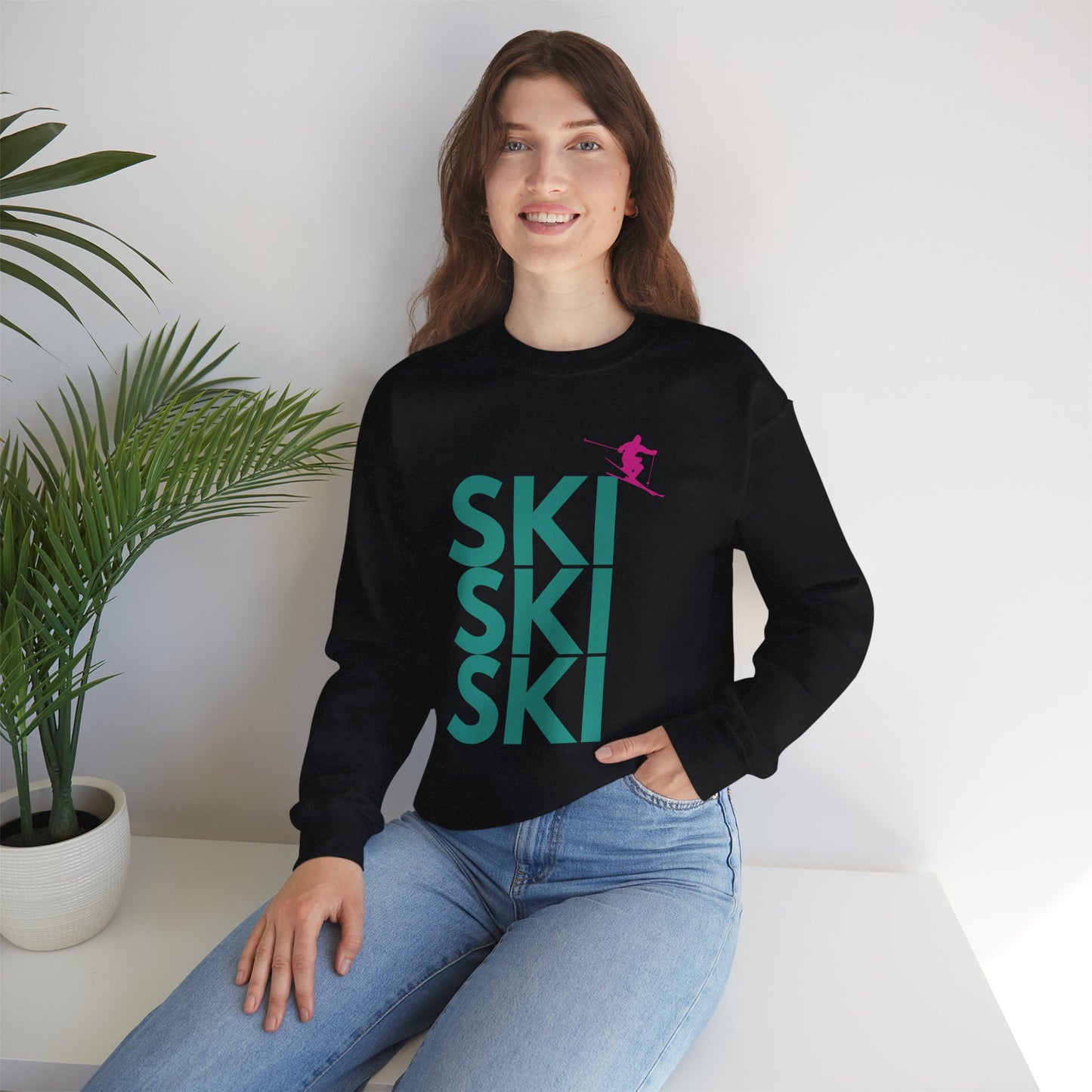 SKI SKI SKI Teal with Pink Skier Crewneck Sweatshirt