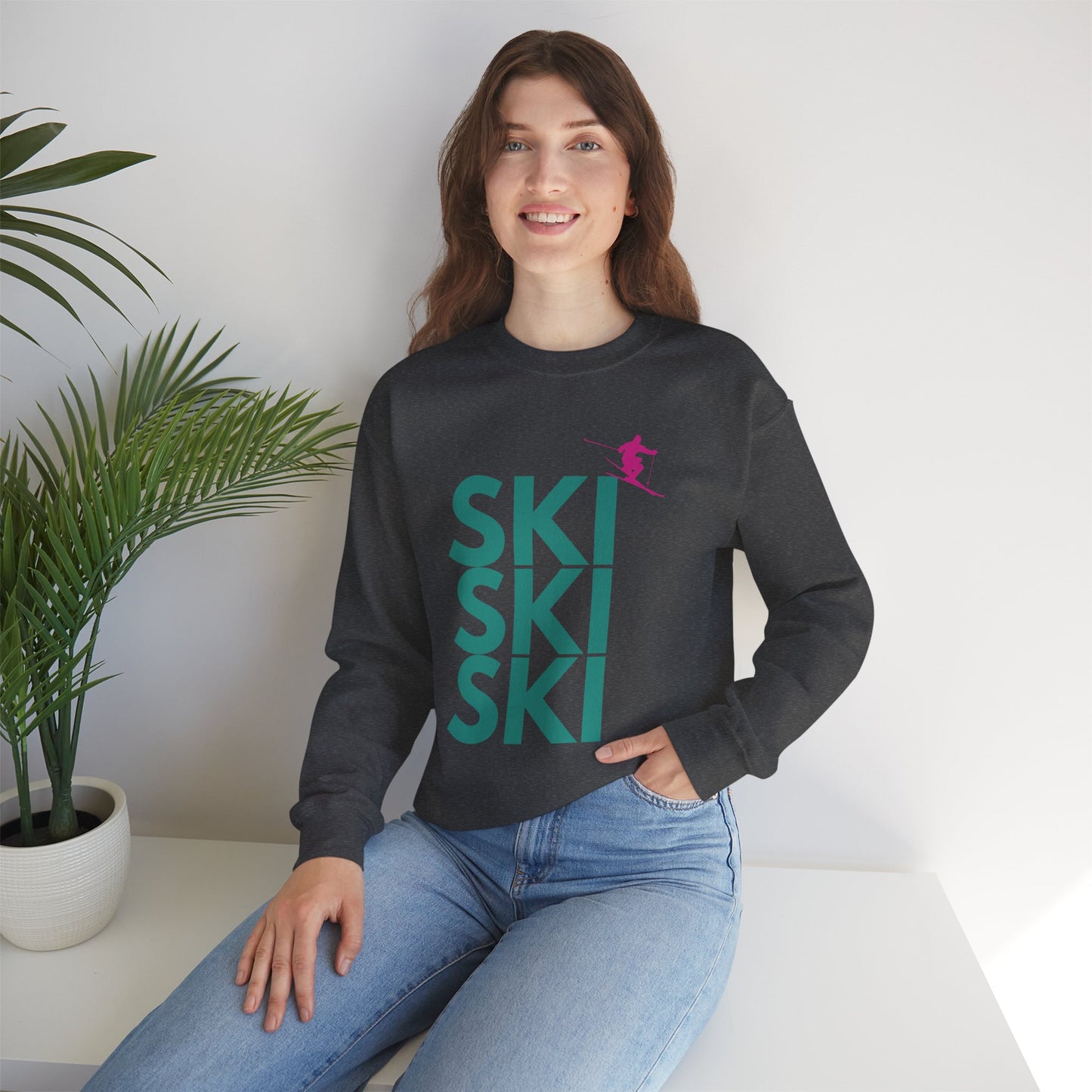 SKI SKI SKI Teal with Pink Skier Crewneck Sweatshirt
