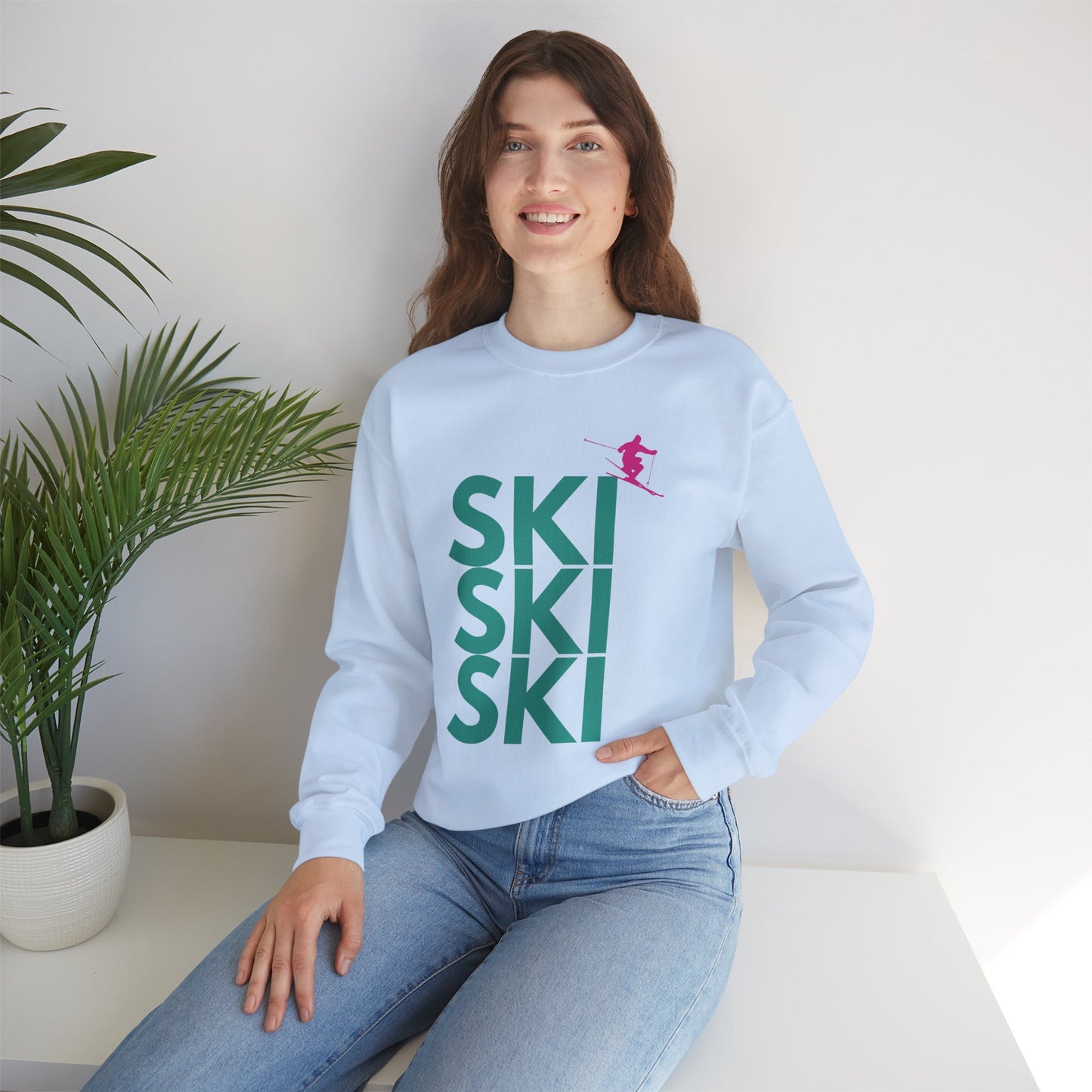 SKI SKI SKI Teal with Pink Skier Crewneck Sweatshirt