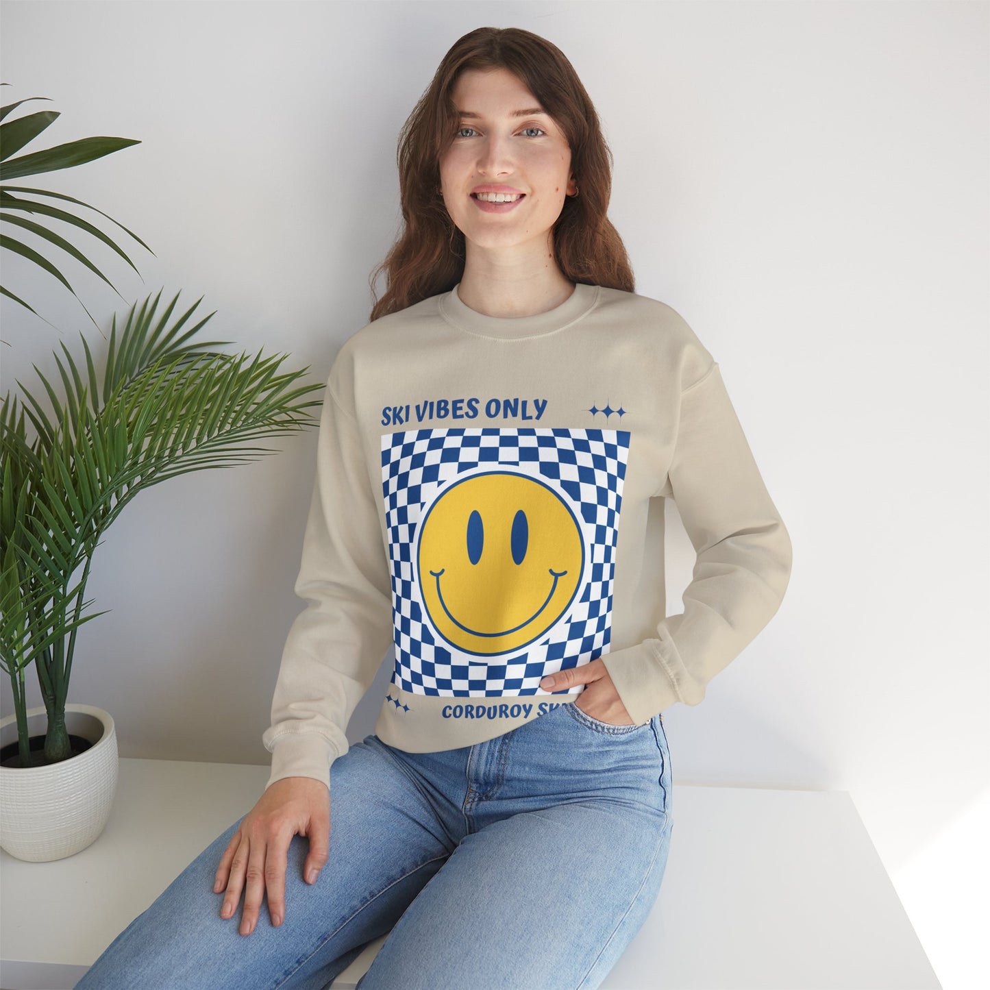 Ski Vibes Only Yellow Smiley Face Crewneck Sweatshirt