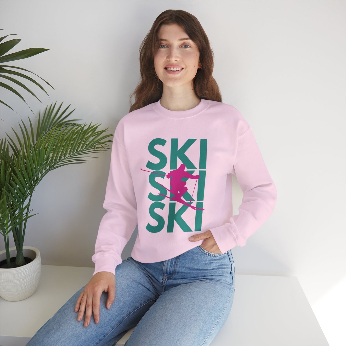 SKI SKI SKI Pink Skier Crewneck Sweatshirt