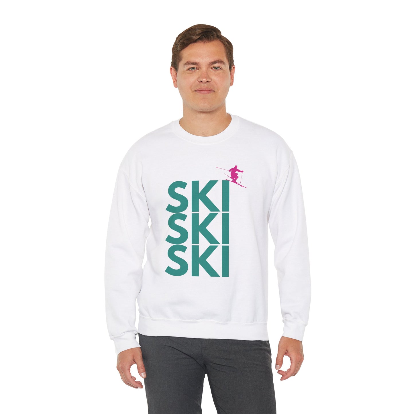 SKI SKI SKI Teal with Pink Skier Crewneck Sweatshirt