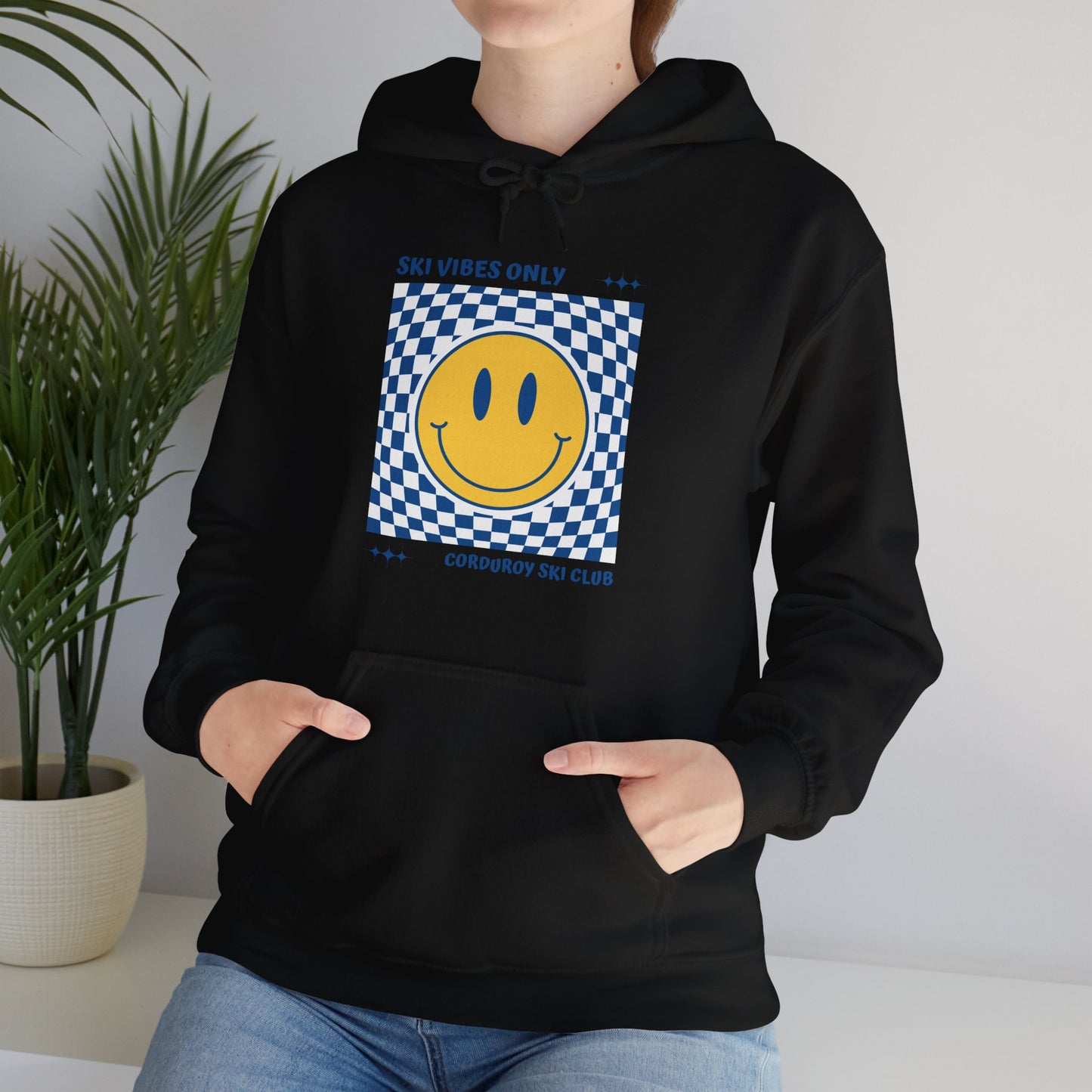 Ski Vibes Only Yellow Smiley Face Hoodie Sweatshirt