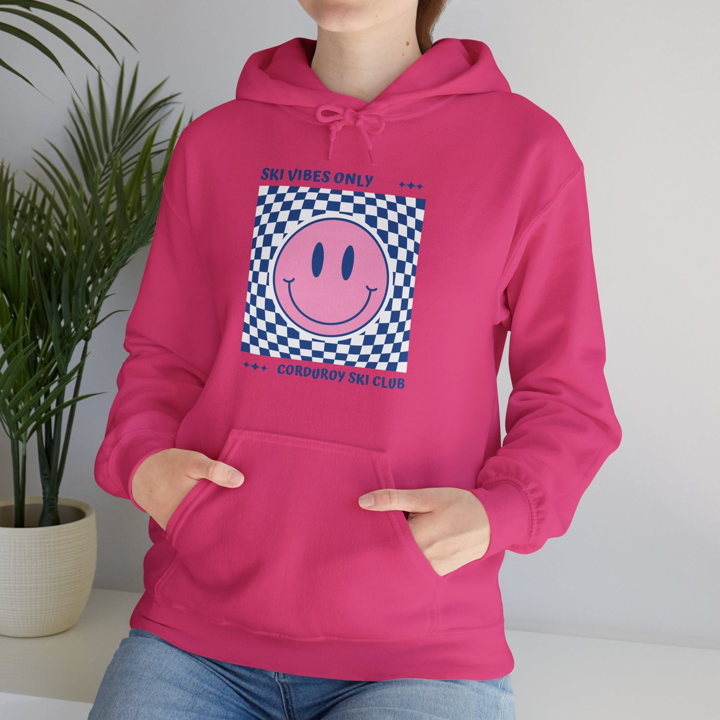 Ski Vibes Only Pink Smiley Face Hoodie Sweatshirt