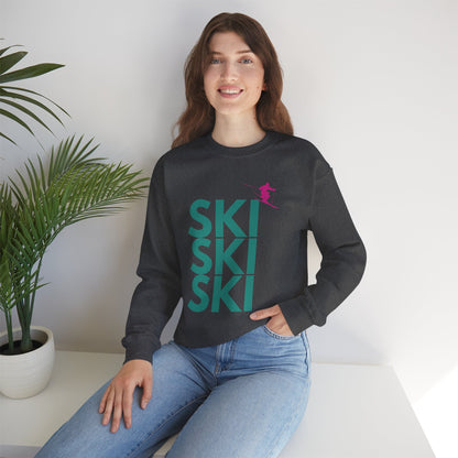 SKI SKI SKI Teal with Pink Skier Crewneck Sweatshirt