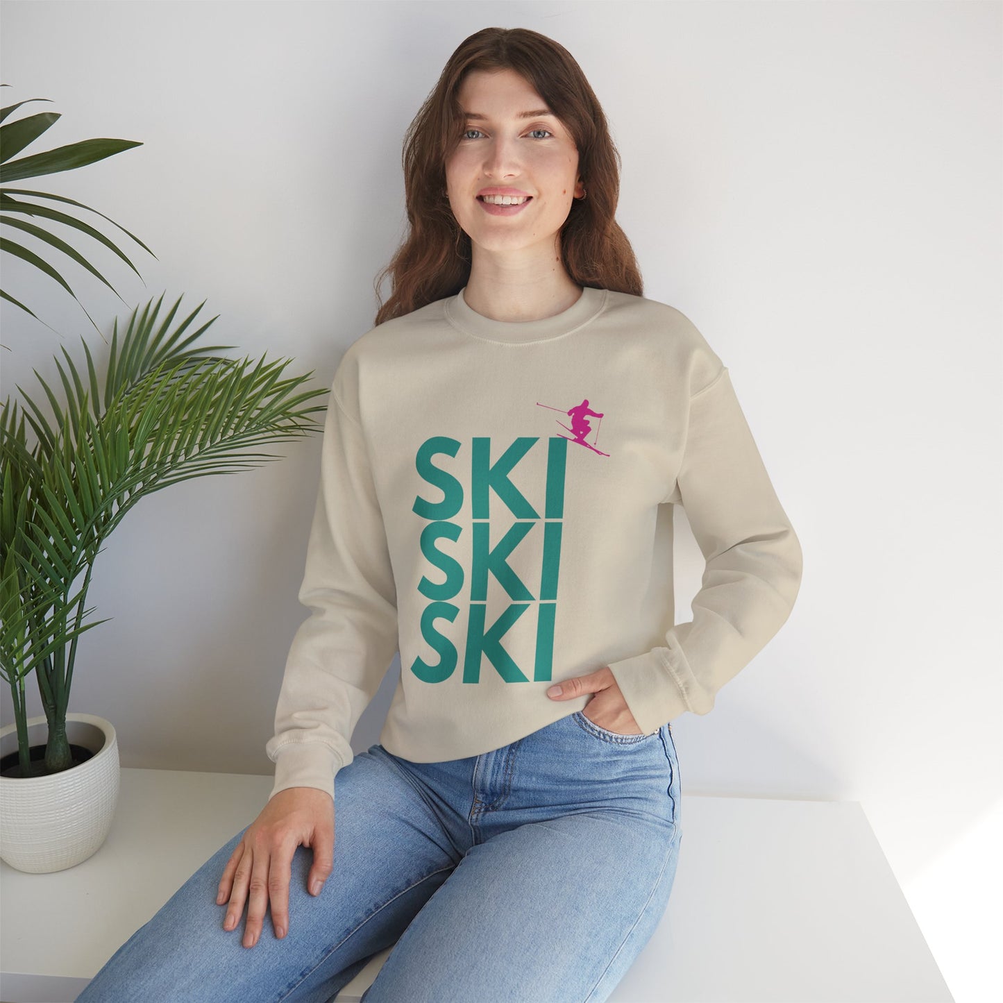SKI SKI SKI Teal with Pink Skier Crewneck Sweatshirt