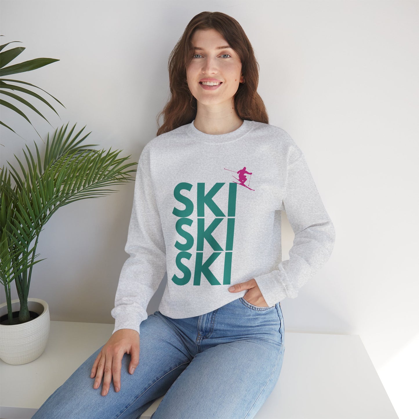 SKI SKI SKI Teal with Pink Skier Crewneck Sweatshirt