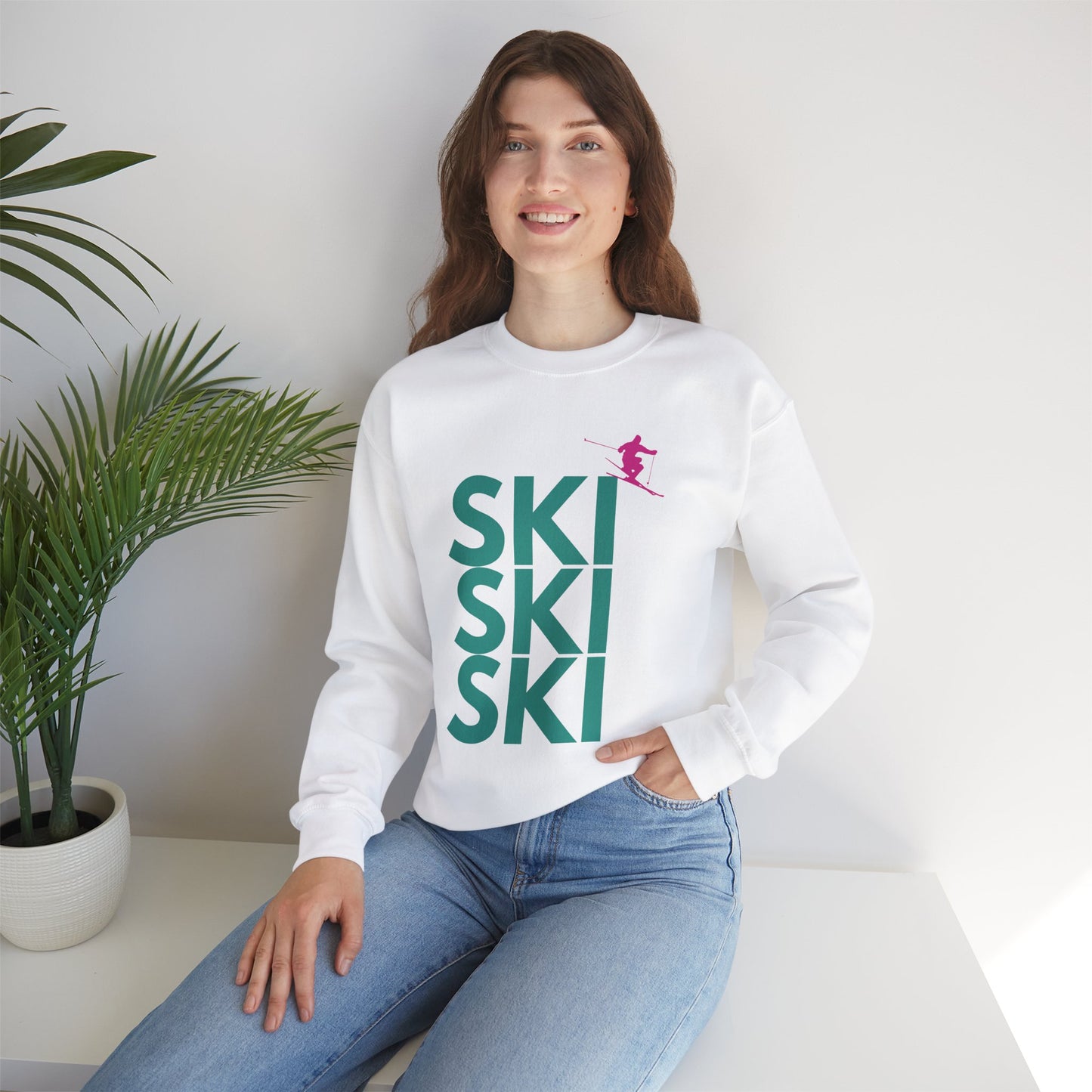 SKI SKI SKI Teal with Pink Skier Crewneck Sweatshirt