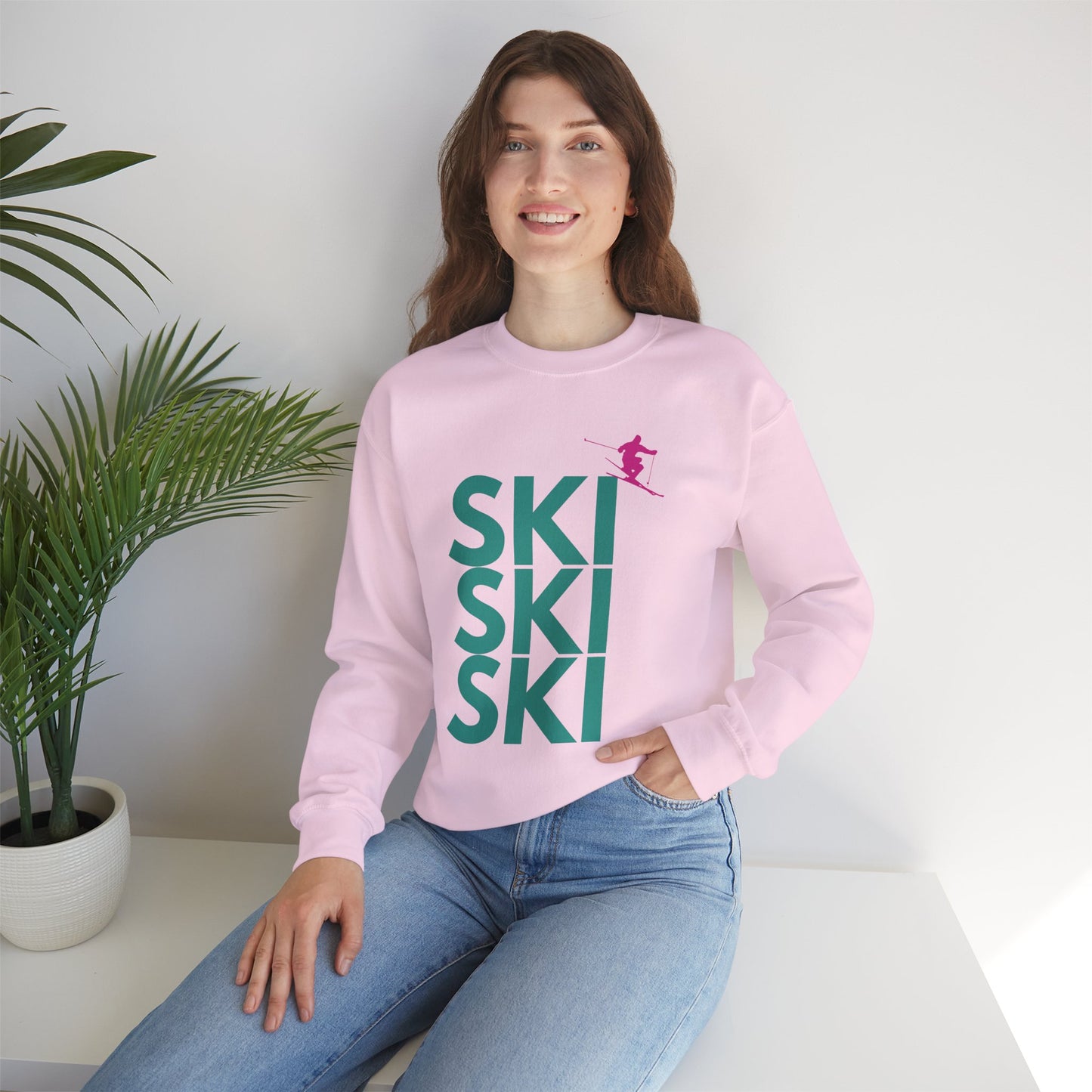 SKI SKI SKI Teal with Pink Skier Crewneck Sweatshirt