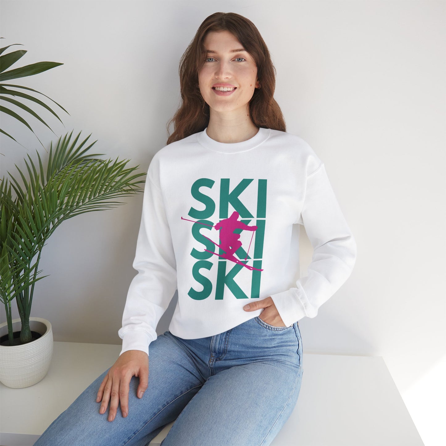 SKI SKI SKI Pink Skier Crewneck Sweatshirt