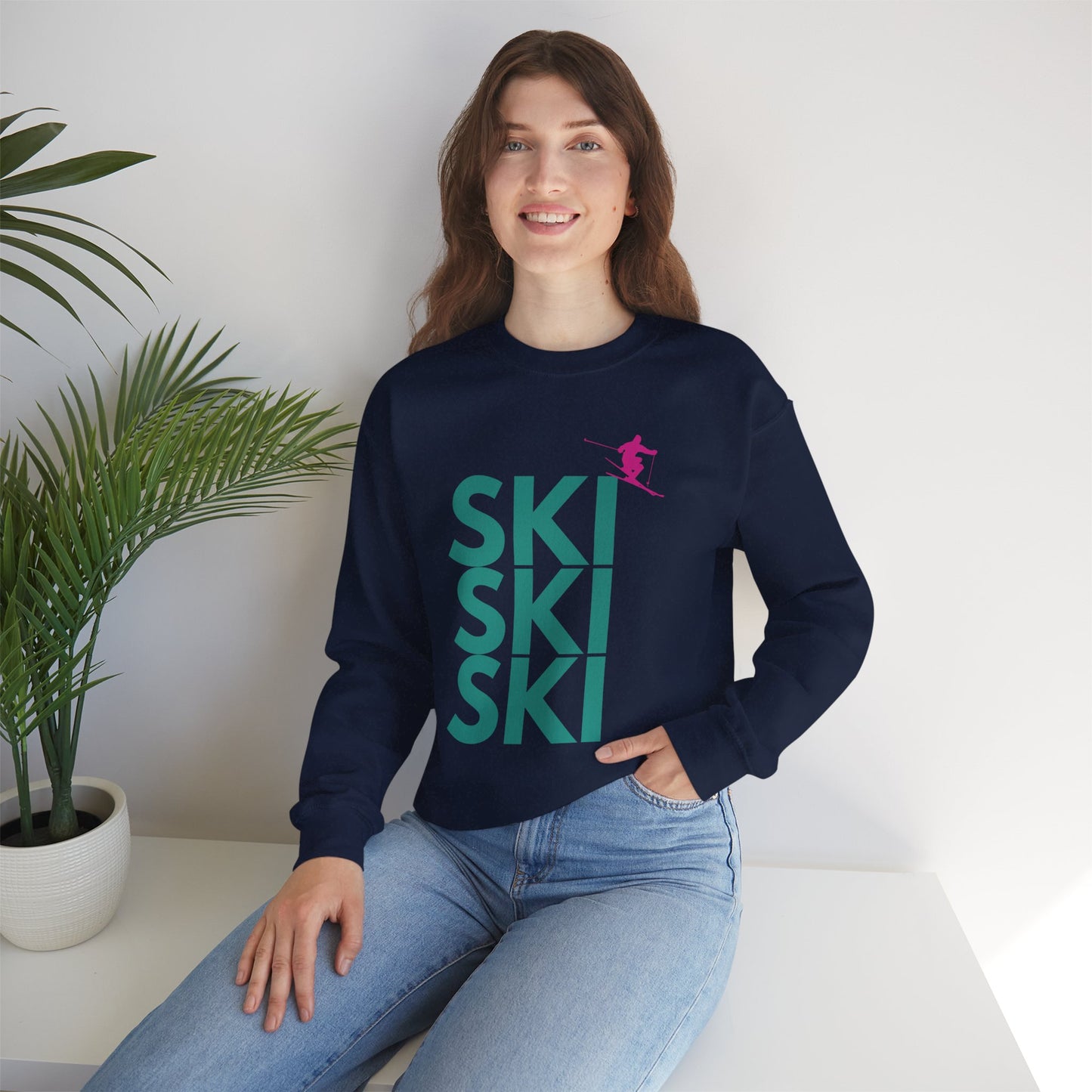 SKI SKI SKI Teal with Pink Skier Crewneck Sweatshirt