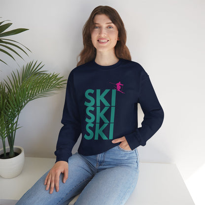SKI SKI SKI Teal with Pink Skier Crewneck Sweatshirt