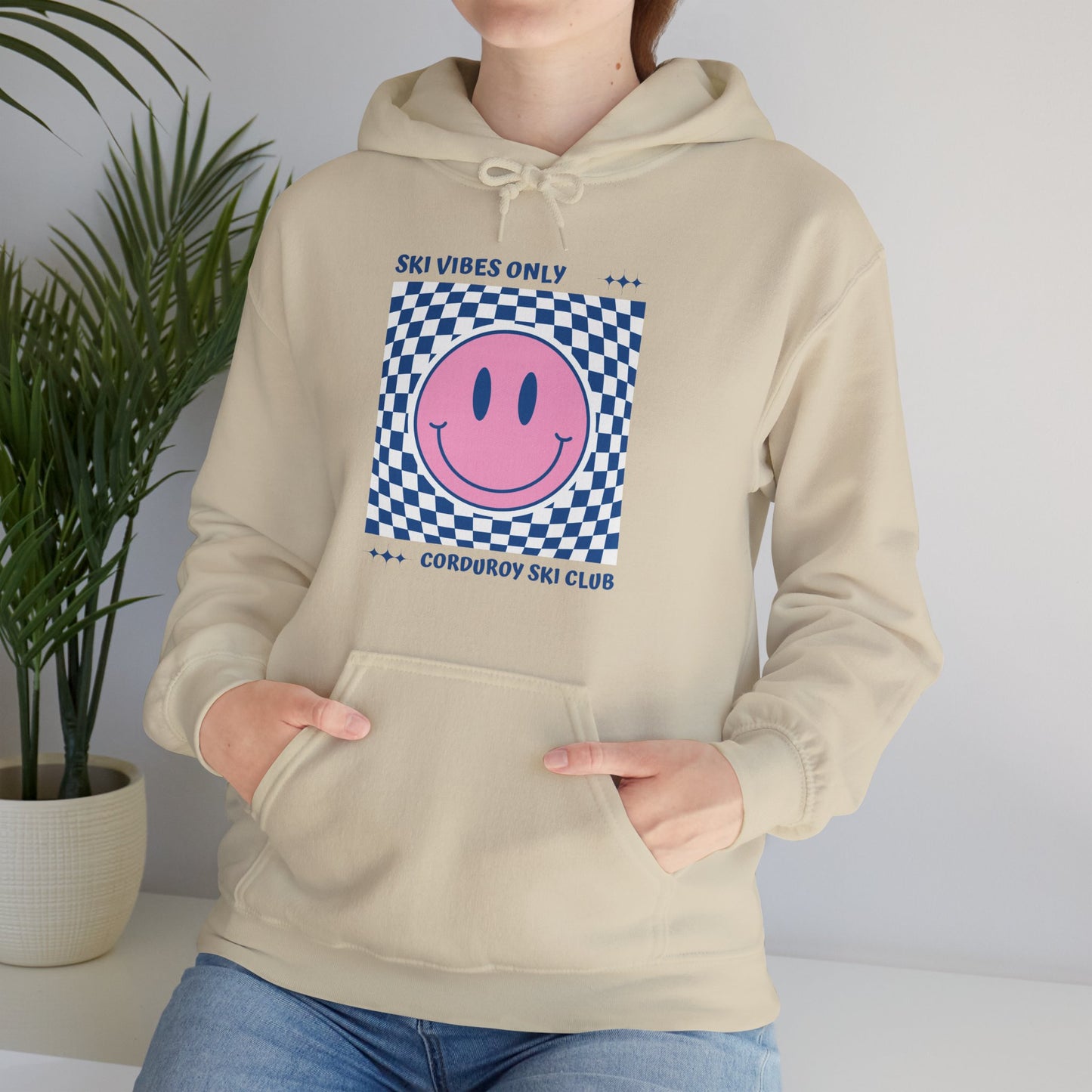 Ski Vibes Only Pink Smiley Face Hoodie Sweatshirt