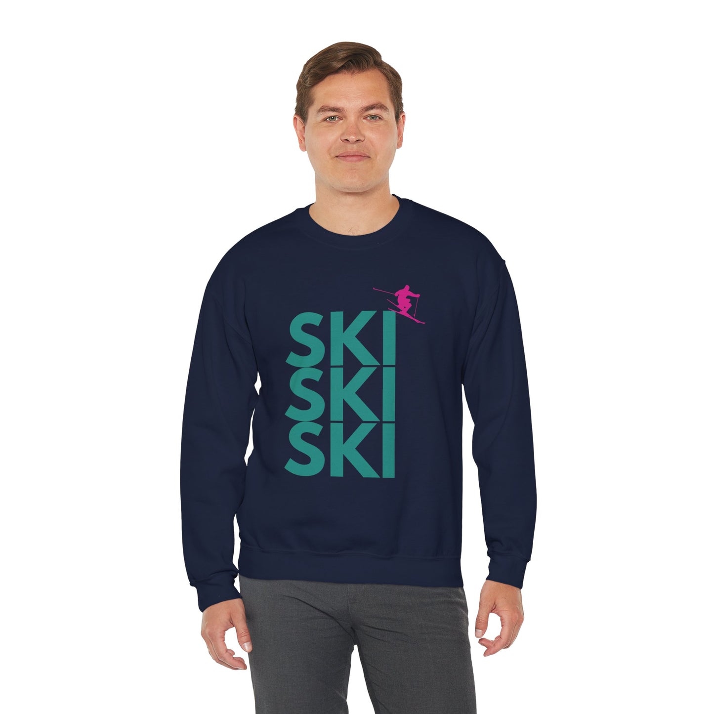 SKI SKI SKI Teal with Pink Skier Crewneck Sweatshirt